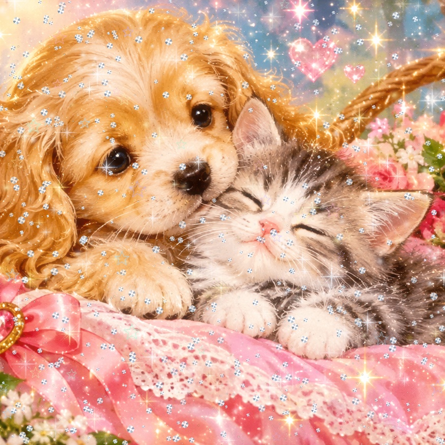 Puppy en kitten omringd door roze hartjes, glitters en fonkelende sterren