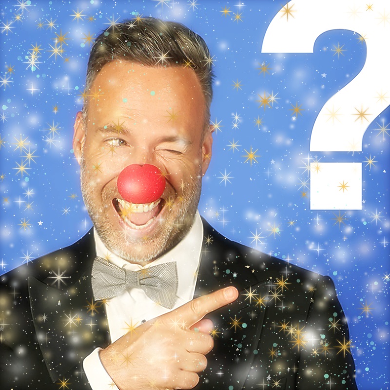 Avatar met een rode clownsneus, gouden sterren en kleurrijke spikkels