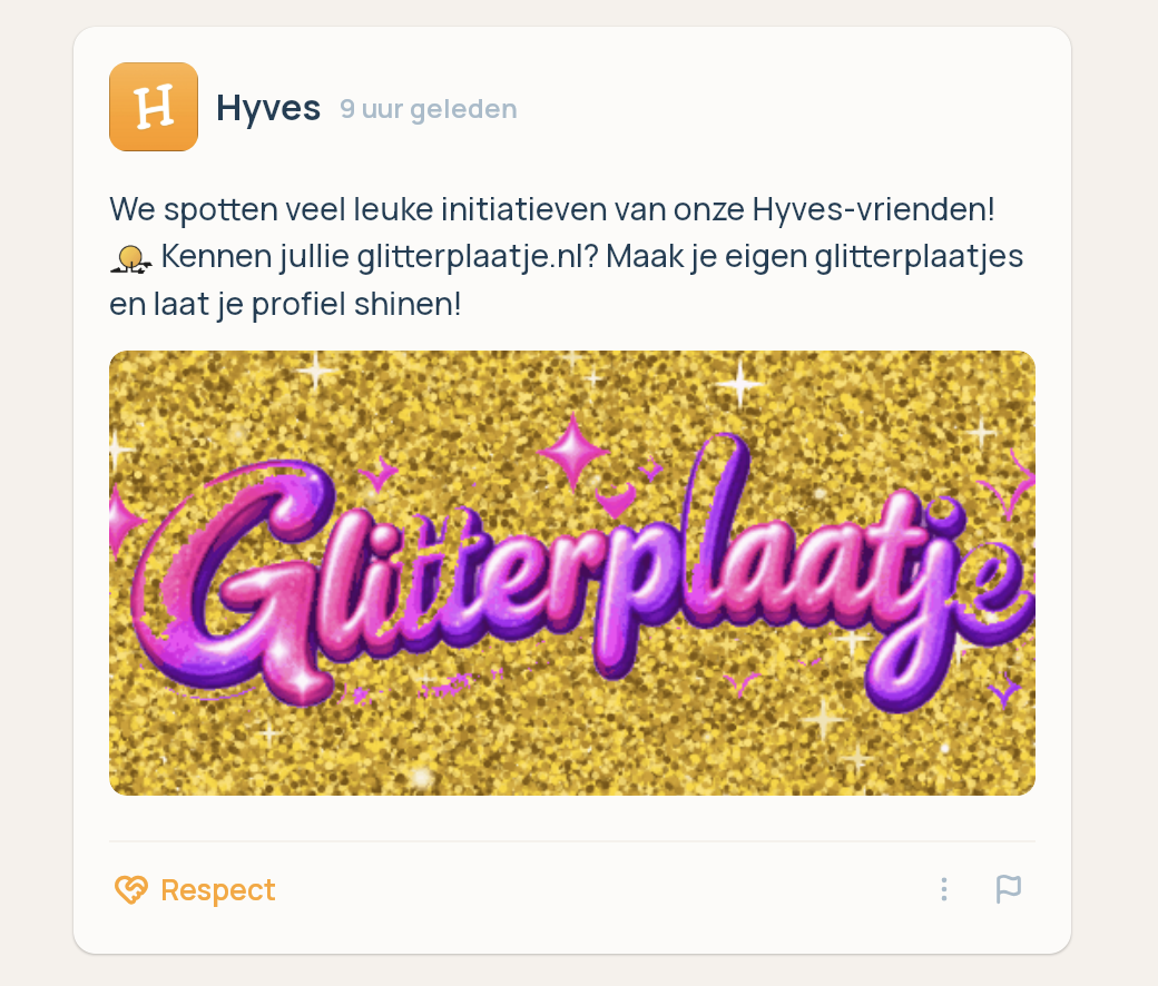 Bericht van Hyves: We spotten veel leuke initiatieven van onze Hyves-vrienden! Kennen jullie glitterplaatje.nl? Maak je eigen glitterplaatjes en laat je profiel shinen!
