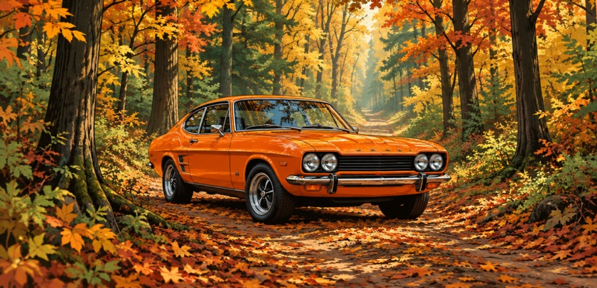 Dezelfde opdracht in de stijl Comic: een oranje auto op een bospad in de herfst