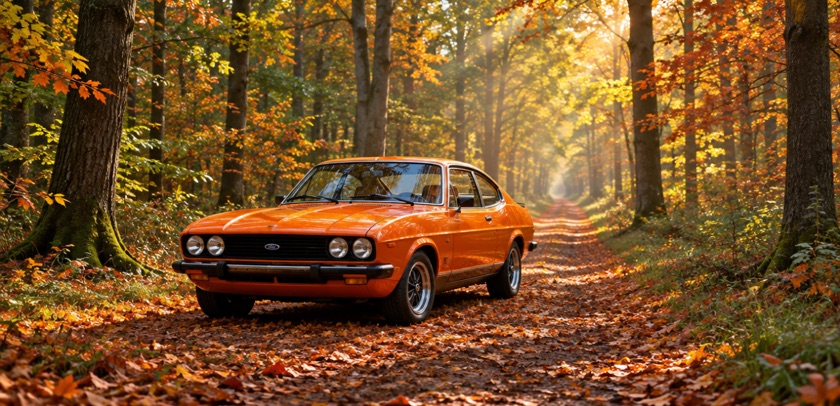 Dezelfde opdracht in de stijl Levensecht: een oranje auto op een bospad in de herfst