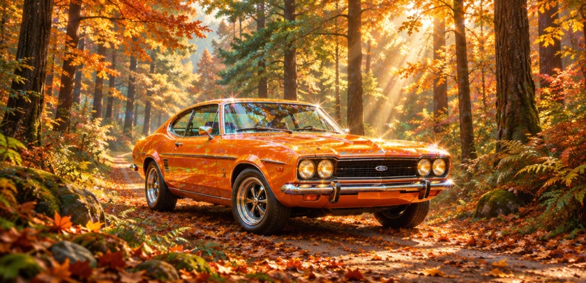 Dezelfde opdracht in de stijl Holo: een oranje auto op een bospad in de herfst