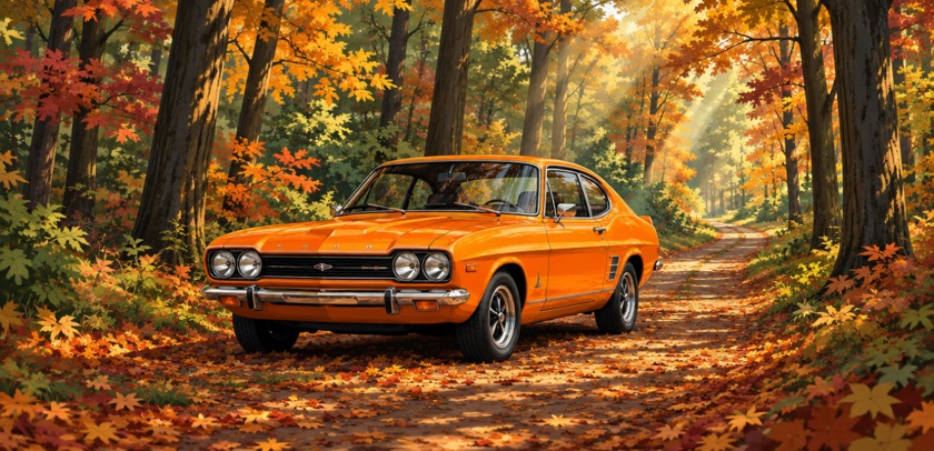 Dezelfde opdracht in de stijl Manga: een oranje auto op een bospad in de herfst
