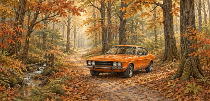 Dezelfde opdracht in de stijl Pieck: een oranje auto op een bospad in de herfst