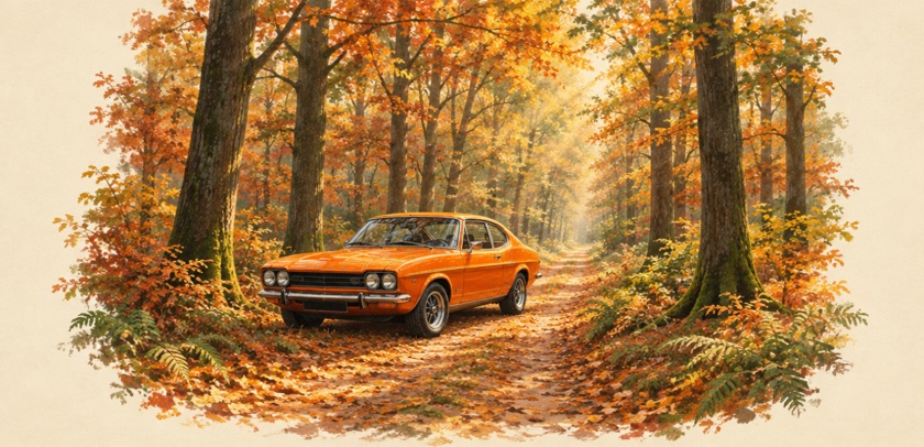 Dezelfde opdracht in de stijl Poezie: een oranje auto op een bospad in de herfst