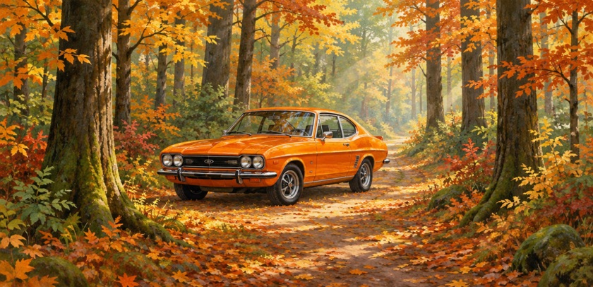 Dezelfde opdracht in de stijl Prentenboek: een oranje auto op een bospad in de herfst