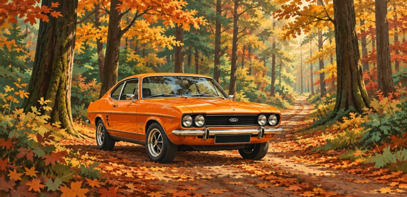Dezelfde opdracht in de stijl Retro: een oranje auto op een bospad in de herfst