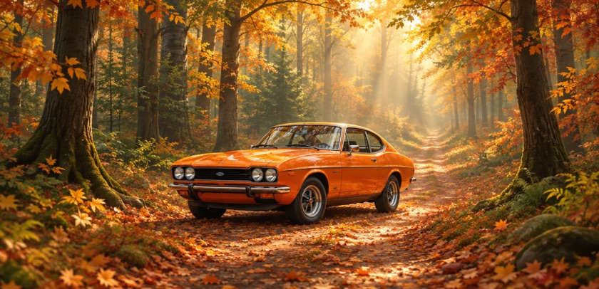 Dezelfde opdracht in de stijl Sprookje: een oranje auto op een bospad in de herfst
